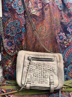 She+Lo leather Woven Front Crossbody Bag in Light Taupe with Chain Strap